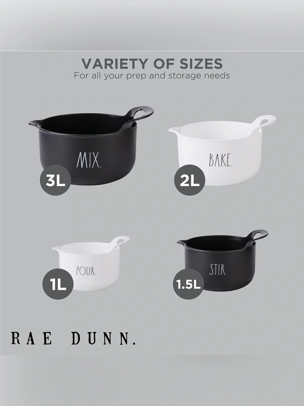 Rae Dunn Black & White Stackable Ceramic Prep Bowls - MIX STIR BAKE POUR